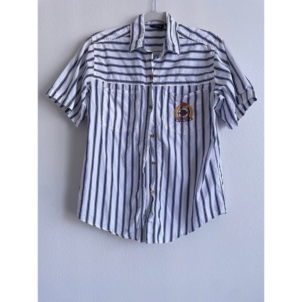 Vintage 90s Preppy Crest Cotton Button Down Shirt Women M White Blue Striped